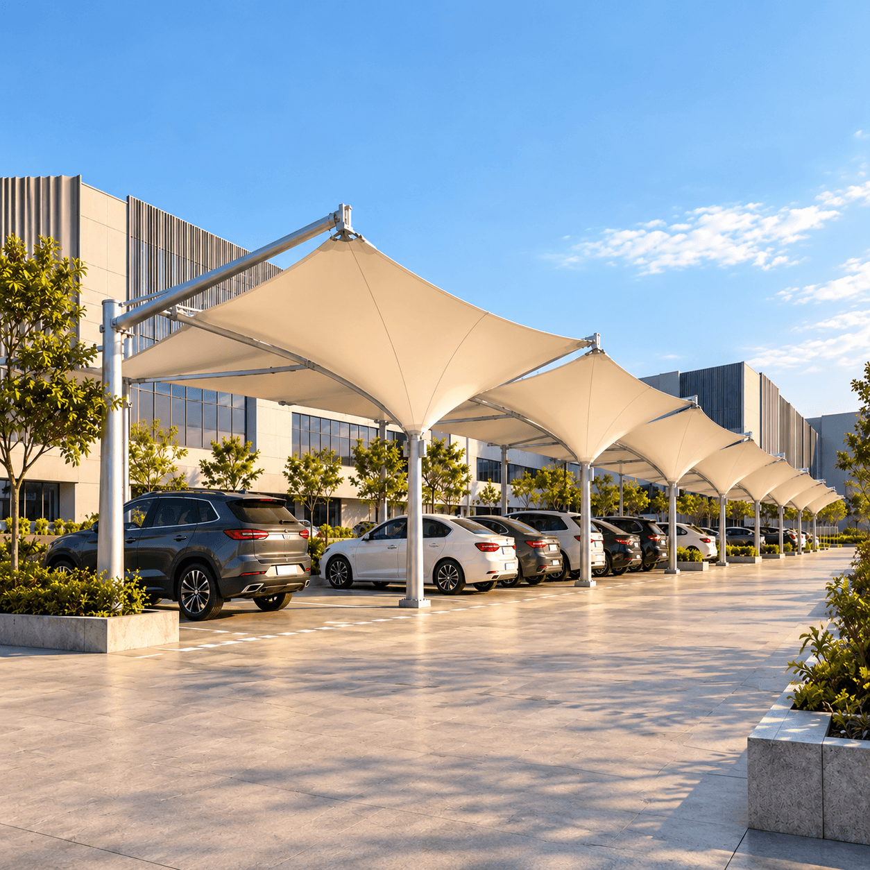 Industrial parking shaded by sculptural tensile canopies, concept visual